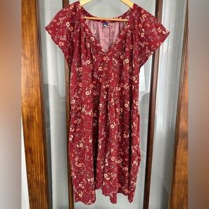 Old Navy Dress SZ XXL Red Micro Floral Babydoll Country Cottagecore Mini Flutter
